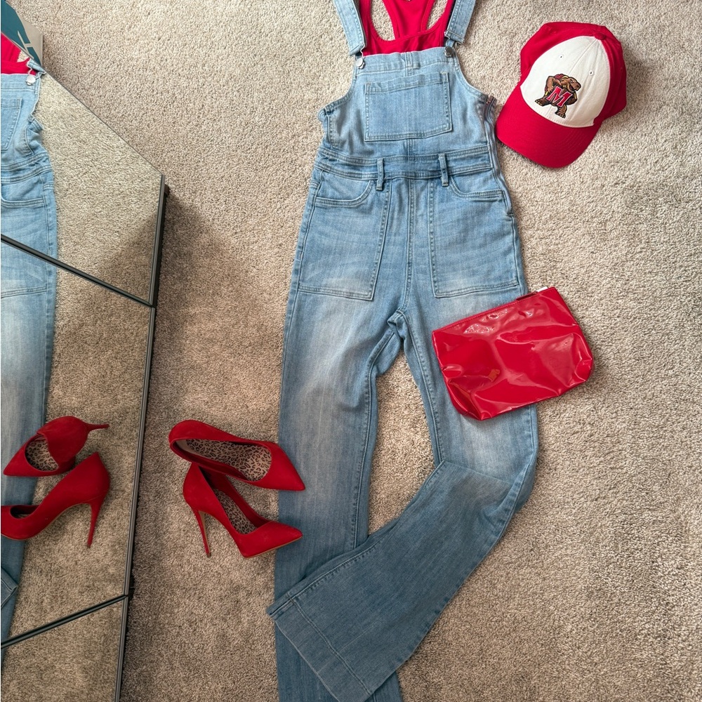 Kendall & Kylie Light Blue Denim Overalls with Red Accents